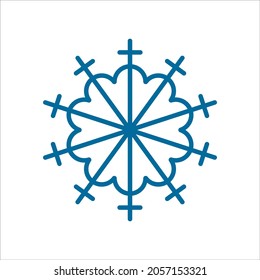 Snowflake vector line icon. Sign of blue snowflake for xmas symbol, new year decoration, Christmas web banner. Linear ice or snow emblem. Festive Winter season logotype. Minimalist illustration.