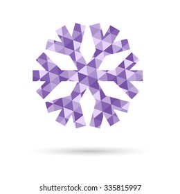 Snowflake, vector New Year and Christmas floating icon made of bright purple triangles, modern hipster style, holiday decoration element