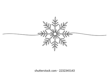 Snowflake vector one line continuous illustration. Winter holiday freehand drawing. Hand drawn linear icon. Festive design for print, banner, poster, postcard, Christmas and New Year greeting card.