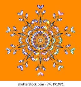 Snowflake vector. Orange, gray and white snowflakes on a orange, gray and white colors. Isolated cute snowflakes on colorful background. Vector illustration.