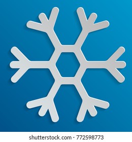 Snowflake vector in paper art style. Snowflake with a long shadow. Snowflake on a blue background