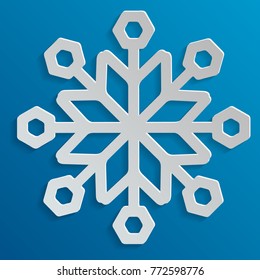 Snowflake vector in paper art style. Snowflake with a long shadow. Snowflake on a blue background