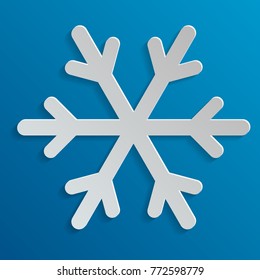 Snowflake vector in paper art style. Snowflake with a long shadow. Snowflake on a blue background