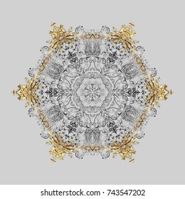 Snowflake vector pattern. Vector illustration. Gray, brown and beige snowflakes on a gray, brown and beige colors. Isolated cute snowflakes on colorful background.