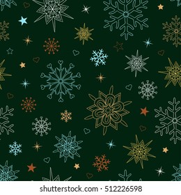 Snowflake vector pattern. Vector seamless winter texture on the green background.