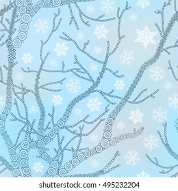 Snowflake vector pattern with tree. Winter seamless background.