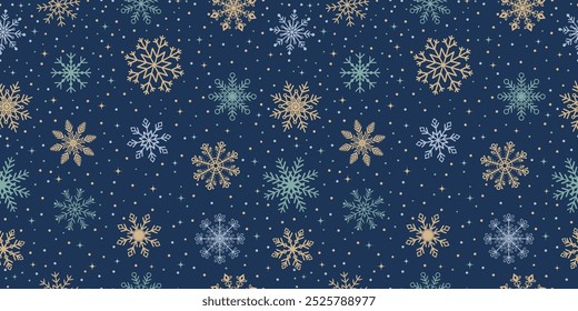 Snowflake vector seamless pattern design, Christmas, happy new year, winter holidays, cold season snow flakes, snowfall. Blue background.