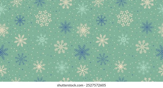 Snowflake vector seamless pattern design, Christmas, happy new year, winter holidays, cold season snow flakes, snowfall. Green background.