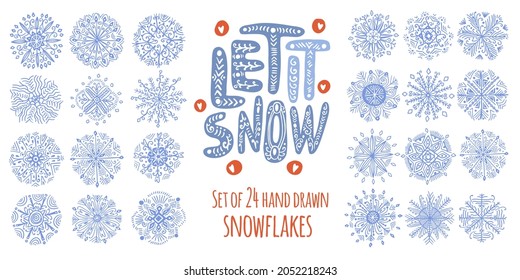 Schneeflocken, Vektorset, handgezeichnete Schneeflocken im Doodle-Stil mit Phrase, die es schneien lässt. Einzige Symbole auf weißem Hintergrund. 