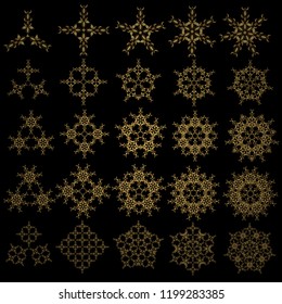 Snowflake vector set in golden colors. Snow flakes background. Set of twenty five golden elements.