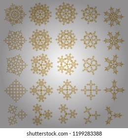Snowflake vector set in golden colors. Snow flakes background. Set of twenty five golden elements.