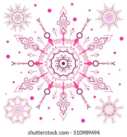 Snowflake vector set in magenta colors. Snow flakes background.