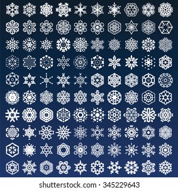 Schneeflocke Vektor Formen für Winter und Weihnachten. Enthält verschiedene Schneeflocken von einfach bis komplex mit verschiedenen Aussehen: natürlich, geometrisch, abstrakt, blumig, dekorativ und mandala.