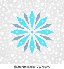 Snowflake vector symbol. Merry Christmas & Happy New Year illustration. Winter holiday snow pattern. Decorative blue sign on gray white gradient background with sparkles, lights