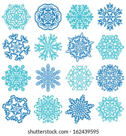 Snowflake Vectors. Set of 16 isolated elements on white background. Template for christmas winter design