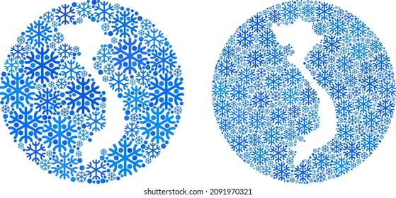 Snowflake Vietnam map mosaic is designed with sphere and stencil. Vector Vietnam map mosaic of snowflake ojects in various sizes and blue color hues. Created for New Year proclamations.