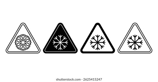Snowflake Warning Icons in Triangles Black and White Color Vector Design Illustration