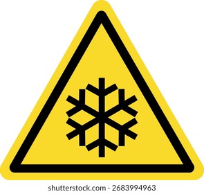 Snowflake warning sign vector in yellow triangle on transparent background, cold temperature or freezing hazard alert symbol for safety
