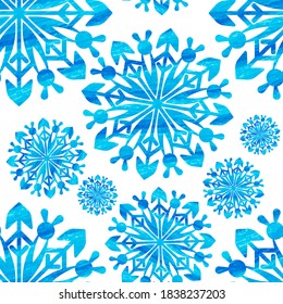 Snowflake watercolor effect seamless pattern. Snow pattern with snowflakes. Festive Christmas and New Year background. Winter vector stock illustration