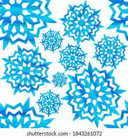 Snowflake watercolor effect seamless pattern. Snow pattern with snowflakes. Festive Christmas and New Year background. Winter vector stock illustration