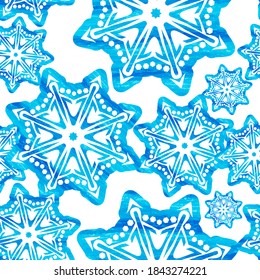 Snowflake watercolor effect seamless pattern. Snow pattern with snowflakes. Festive Christmas and New Year background. Winter vector stock illustration