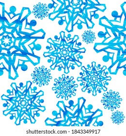 Snowflake watercolor effect seamless pattern. Snow pattern with snowflakes. Festive Christmas and New Year background. Winter vector stock illustration