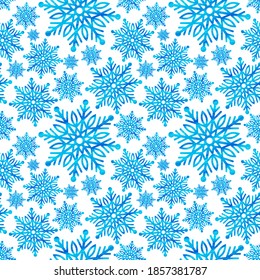 Snowflake watercolor effect seamless pattern. Snow pattern with snowflakes. Festive Christmas and New Year background. Winter vector stock illustration