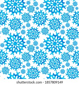 Snowflake watercolor effect seamless pattern. Snow pattern with snowflakes. Festive Christmas and New Year background. Winter vector stock illustration