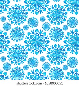 Snowflake watercolor effect seamless pattern. Snow pattern with snowflakes. Festive Christmas and New Year background. Winter vector stock illustration