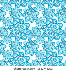 Snowflake watercolor effect seamless pattern. Snow pattern with snowflakes. Festive Christmas and New Year background. Winter vector stock illustration