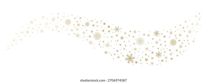Snowflake wave border. Curved winter frame with golden snowflakes, stars and glitter dots. Elegant Christmas decorative pattern for greeting cards and festive design. Vector illustration.