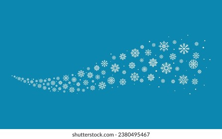 Snowflake wave swirl isolated on blue background. Falling snowflakes Christmas and New Year celebration concept, snowy winter blizzard decorative elements. Snowstorm and frost, seasonal cold weather
