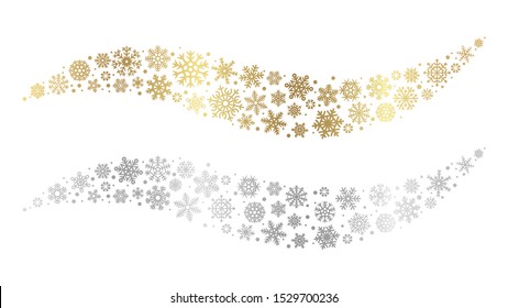 Snowflake waves. Gold silver snowflakes vector element. Christmas snow design. Winter festive decoration