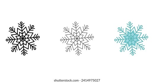 Snowflake Weather Icon vector image on white background. Three icons thick, thin, colored outline. Can be used for mobile apps, web apps and print media