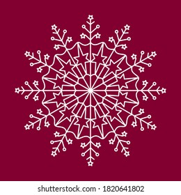 Snowflake white vector icon color red background. Winter white Christmas snowflake crystal element. Xmas frost flat isolated silhouette symbol.