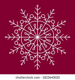 Icono de vector blanco copo de nieve color de fondo rojo. Cristal de copo de nieve blanco invierno de Navidad. Xmas frota silueta plana aislada.