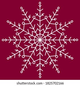 Icono de vector blanco copo de nieve color de fondo rojo. Cristal de copo de nieve blanco invierno de Navidad. Xmas frota silueta plana aislada.