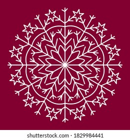 Schneeflocke, weiße Vektorsymbol, roter Hintergrund. Winterweiße Weihnachtsschneeflocken Kristallelement. Weihnachtsfrostflache Silhouette Symbol.