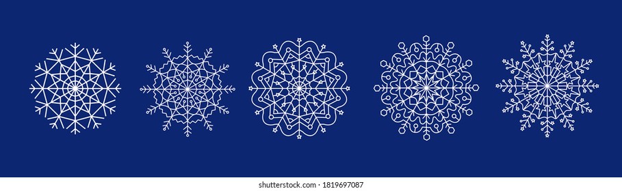 Snowflake white vector icon set on color blue background. Winter white christmas snowflake crystal element. Xmas frost flat isolated silhouette symbol.