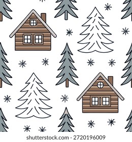 Snowflake and winter cabin seamless tile pattern with cozy forest elements and snowy accents concept as Cozy winter cabins paired with snowflakes create a seamless tile pattern with forest elements and snowy accents perfect for decor in Photo Stock Concept and empty space on the left side,no text --ar 7:2 --tile