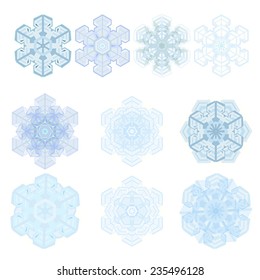 Snowflake winter Christmas flat icon set. Winter holiday symbol, vector. Isolated on white