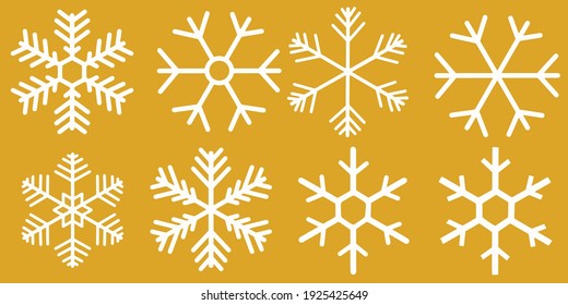 Schneeflocken, Winter, Weihnachten, ein großer Satz von Vektorschneeflocken-Illustrationen einzeln auf goldenem Hintergrund. weiße Schneeflocken-Symbole. Schöne Schneeflocken.