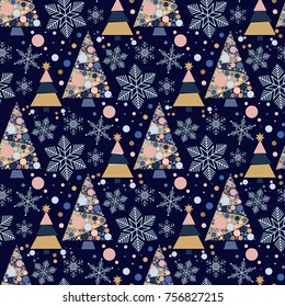 Snowflake winter christmas tree holiday fir-tree design season december snow star celebration ornament vector illustration seamless pattern background. Snowfall new year nature beautiful backdrop.