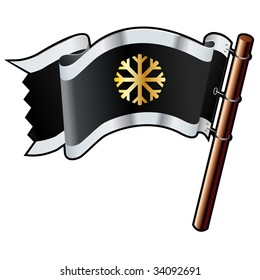 Snowflake winter icon on black, silver, and gold vector flag good for use on websites, in print, or on promotional materials