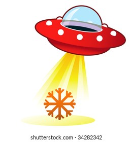 Snowflake or winter icon on retro flying saucer UFO with light beam.  Suitable for use on the web, in print, and on promotional materials.