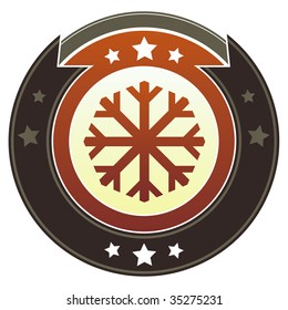 Snowflake or winter icon on round red and brown imperial vector button with star accents suitable for use on website, in print and promotional materials, and for advertising.