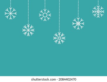Snowflake winter icon set. Six white hanging snowflakes. Dash line. Merry Christmas. Happy New Year decoration sign symbol. Xmas paper craft. Snow flake. Blue background. Flat design. Vector