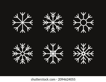 Snowflake winter icon set. Six white snowflakes. Merry Christmas. Happy New Year decoration sign symbol. Xmas paper craft. Snow flake. Frozen star shape. Black background. Isolated. Flat design Vector