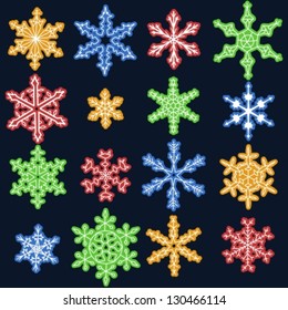 Snowflake winter icons set. Collection of colorful snow flake symbols.