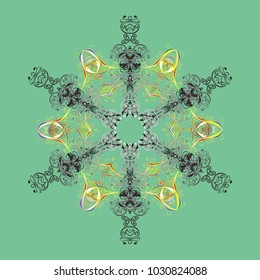 Snowflake winter isolated on green, gray and yellow colors. New Year sign. Green, gray and yellow icon silhouette. Vector illustration. Symbol of celebration. For Christmas design.